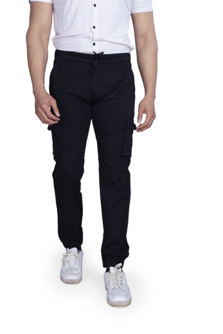 front of navy blue cargo joggers for men