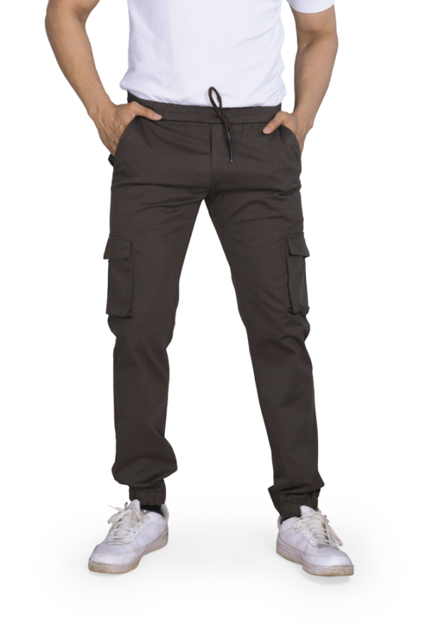 front of coffee brown cargo joggers for men