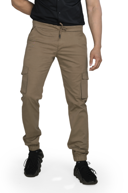 front of khaki brown cargo joggers for men