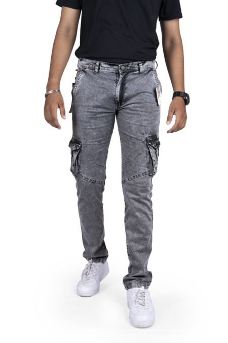 Front of Stone Washed Charcoal Grey Cargo Pants For Men