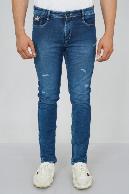 Front of Blue Lightly Distressed Jeans For Men