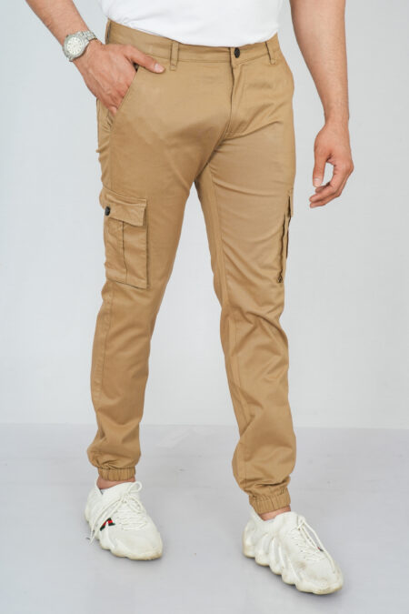 front of light brown cargo joggers for men
