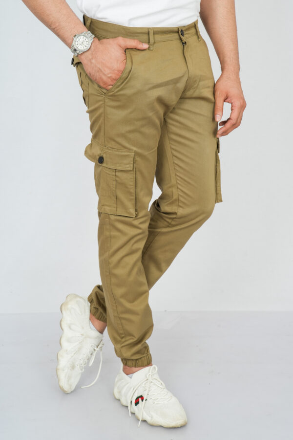 front of khaki cargo joggers for men